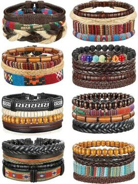 31 Pcs Braided Leather Bracelets for Men Women Wooden Beads Cool